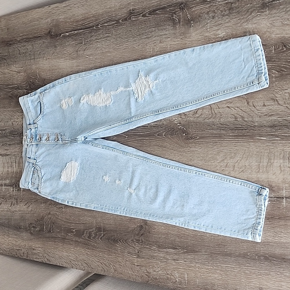 Pull&Bear Button Fly High Waist Ripped Distressed Light Wash Jeans US 4